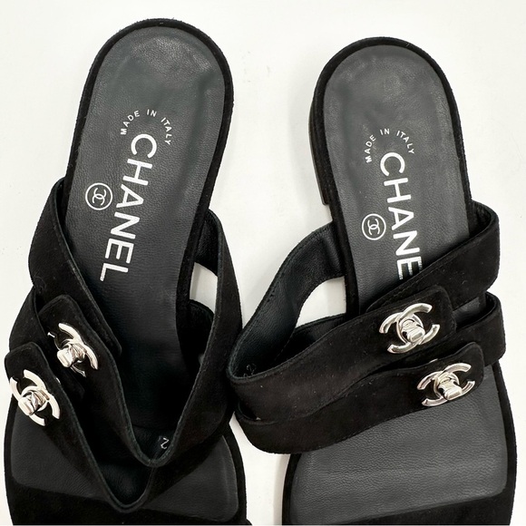 Chanel Turnlock Interlocking CC Suede Triple Strap Flat Sandals - Picture 5 of 10